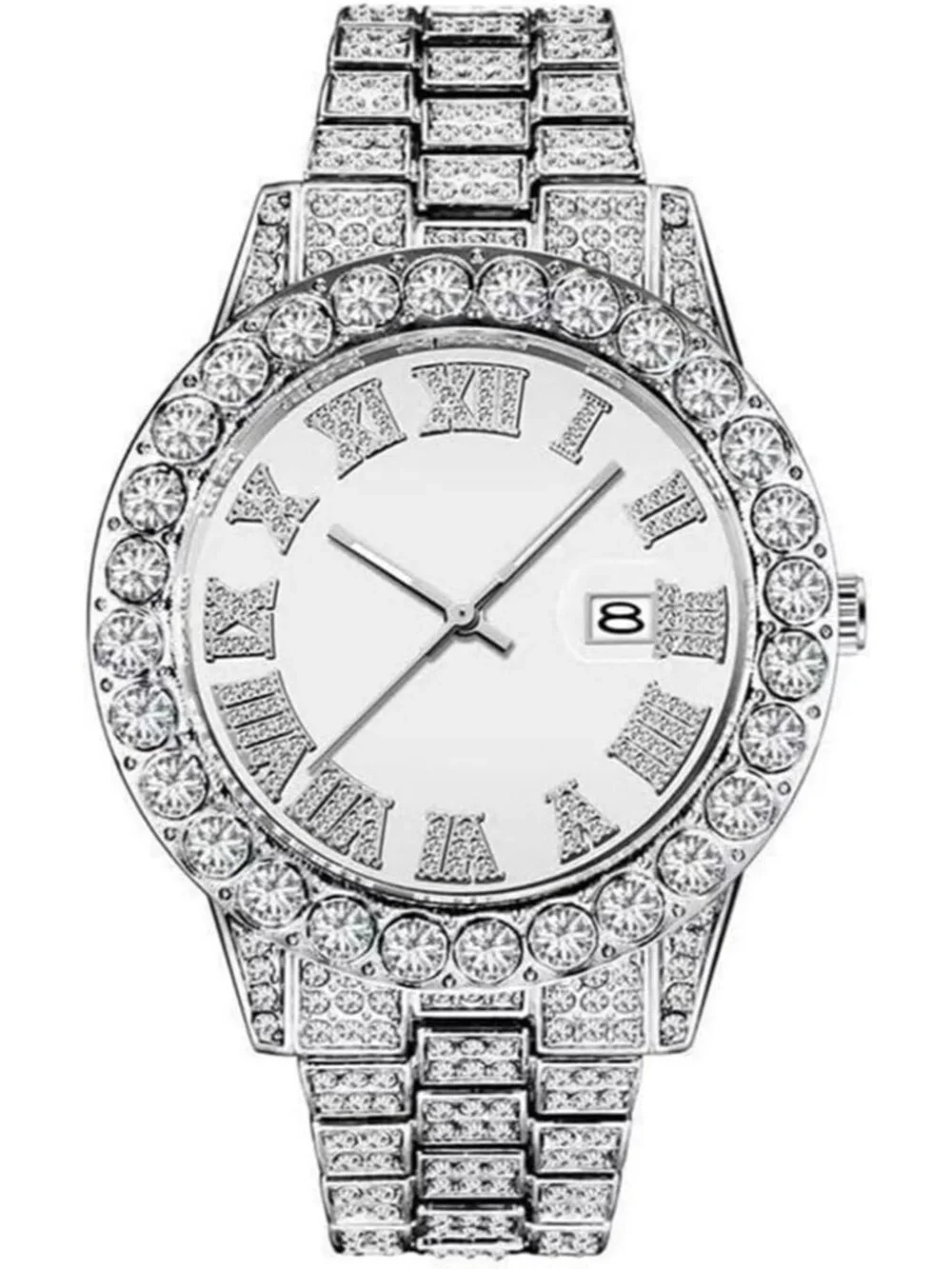 Men's All Silver Analog Crystal Rhinestone Diamond Iced-Out Bracelet Wrist Watch